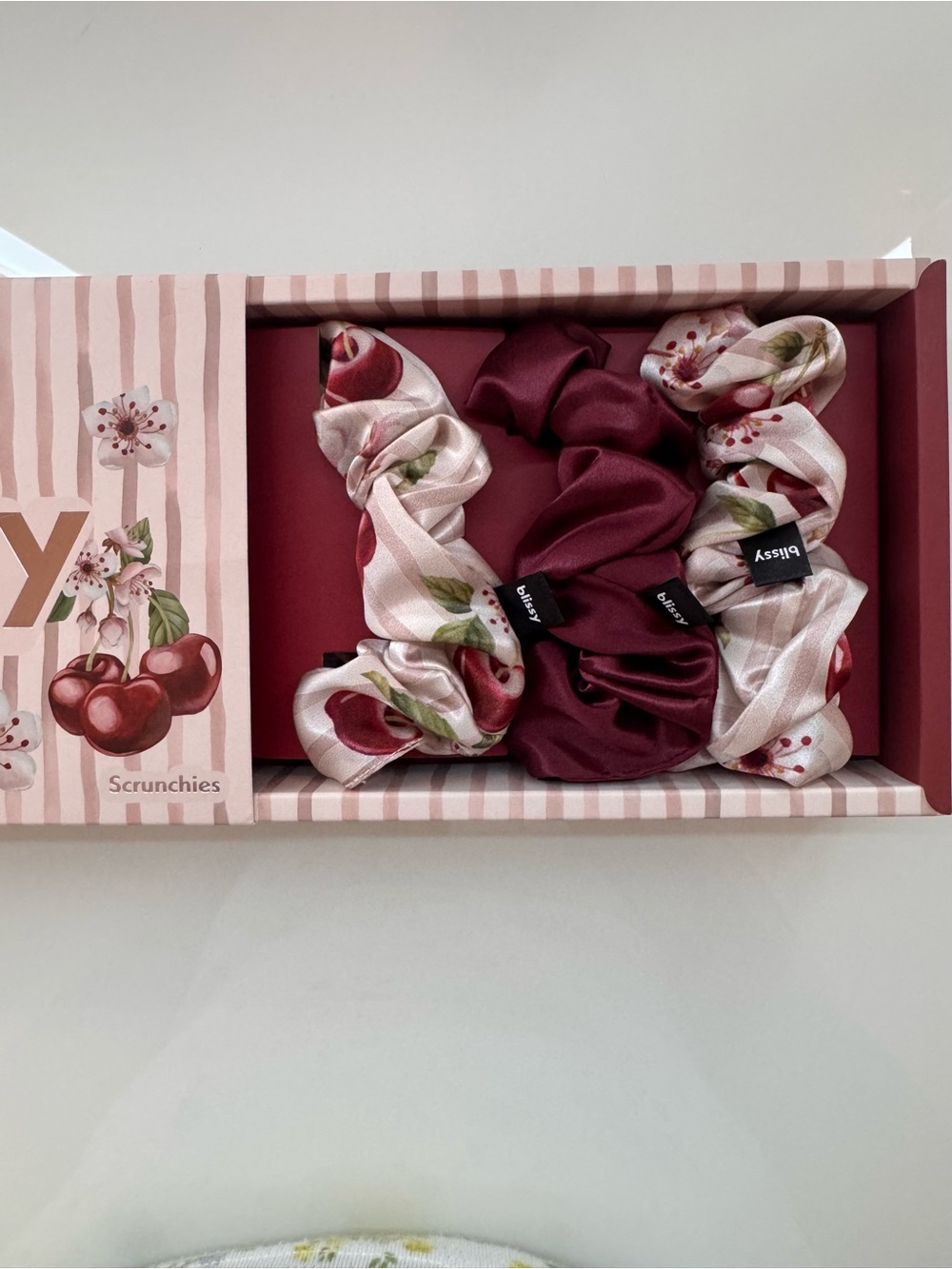 Blissy 100% Mulberry Silk Scrunchie Set - Cherry Blossom & Burgundy (3-Pack)